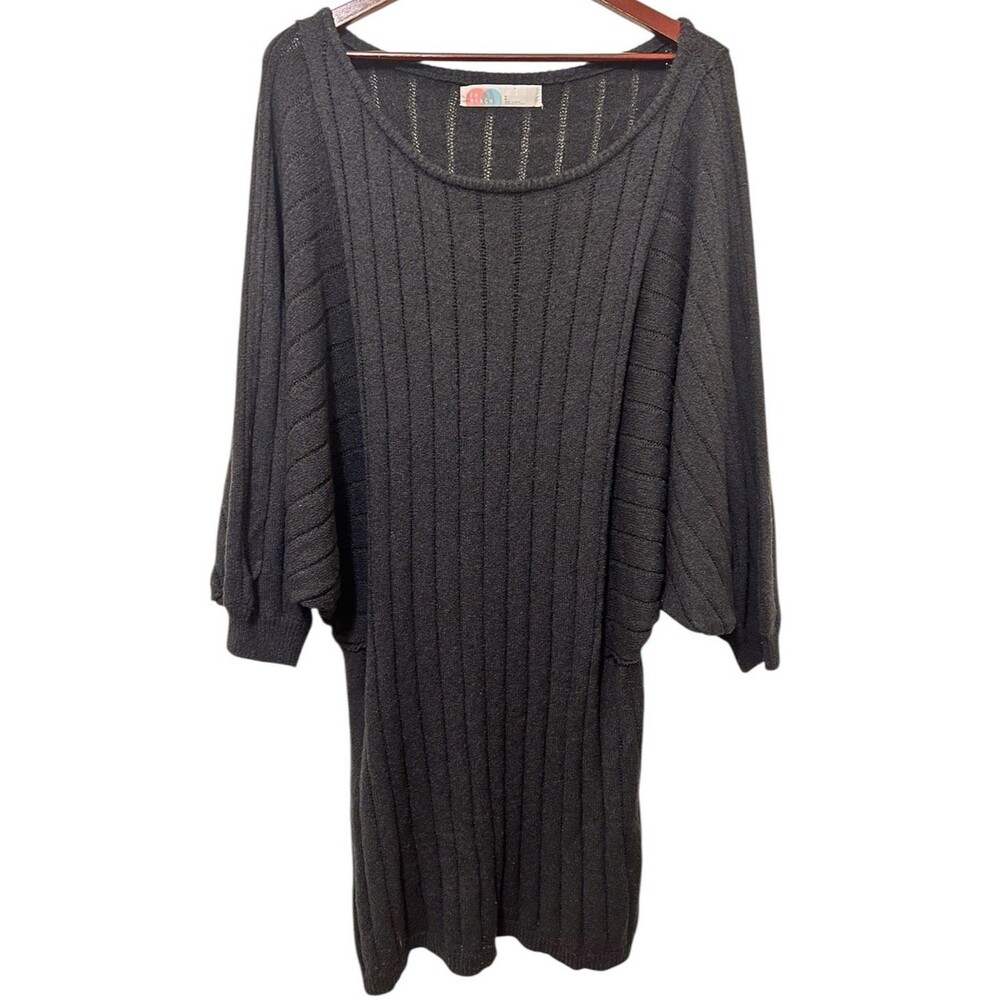 FP BEACH Black Ribbed Knit Sweater Dress Beach Cover-Up Dolman Sleeve Boho Large